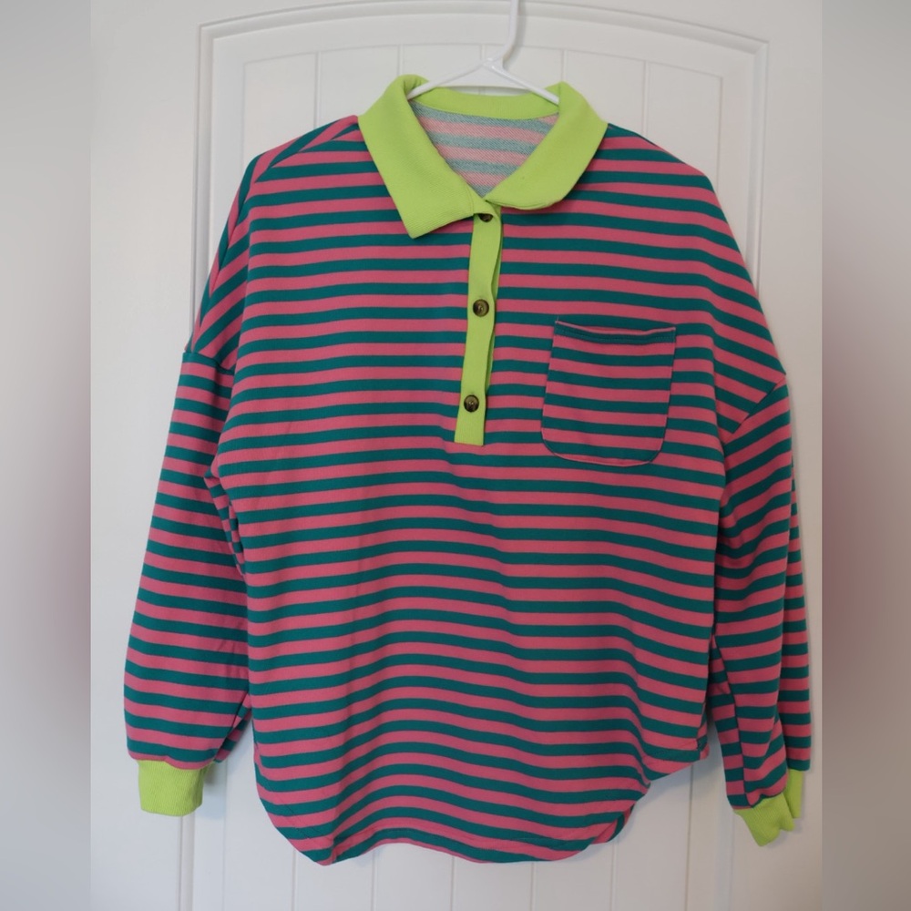 Striped Polo Shirt - Green and Pink